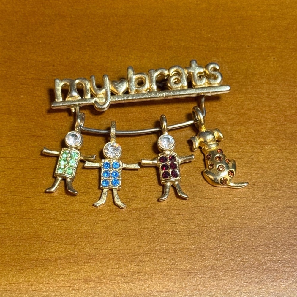 Vintage K.I.S. My Brats Brooch Pin Gold Tone Rhinestone Kids Dog Family Charms